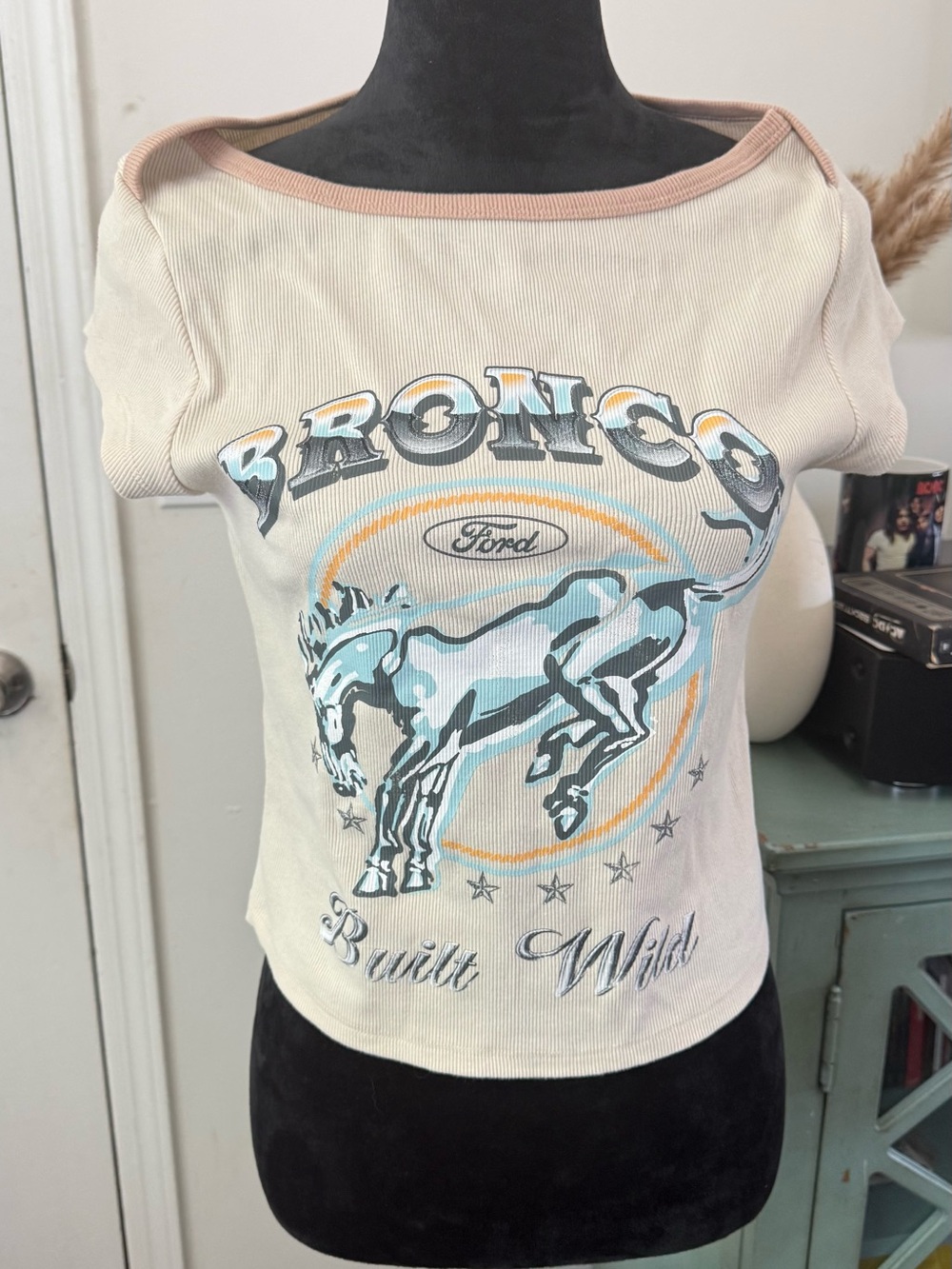 Ford Cream Ribbed Bronco Graphic Crop Top with Blue and Orange Accents